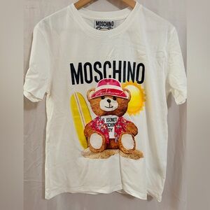 Moschino White T-Shirt with Surfing Bear Print